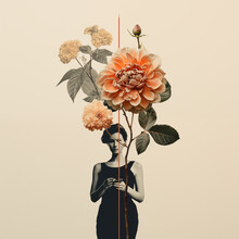 Vintage Collage Image Of A Woman With Flowers On Her Head, Postcard, Creative Art. Generated By AI