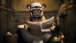 Dog on toilet holding newspaper, looking relaxed