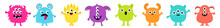 Monster Colorful Icon Set Line. Happy Halloween. Eight Monsters. Cute Cartoon Kawaii Scary Funny Baby Character. Eyes, Tongue, Tooth Fang, Hands Up. Isolated. White Background. Flat Design.
