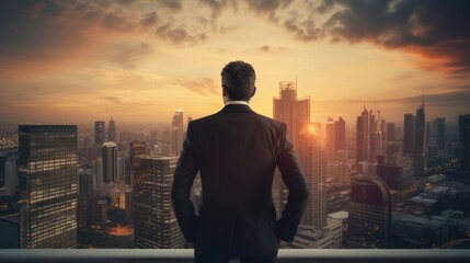 Businessman concept, behind a young businessman with city during sunset, target concept