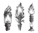 Fototapeta  - Set of torches sketch hand drawn in doodle style illustration