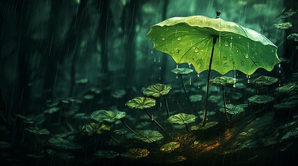 Wall Mural - Green leaf in rain woodland