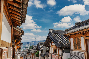Wall Mural - 대한민국 서울의 북촌한옥마을과 남산타워