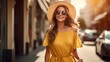 Youthful smart lady wearing yellow maxi dress, dark cap, shades and satchel strolling within the city road. Spring mold furnish, rich see. Also estimate demonstrate
