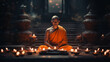 Solitary Monk in Orange Robes Meditating Intensely and Focusing on Journey to Enlightenment in Ancient Temple surround by candles 