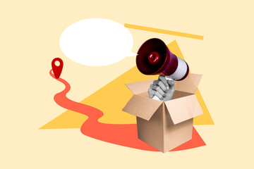 Poster - Collage of black white colors arm hold loudspeaker toa inside carton box dialogue bubble destination location way isolated on beige background