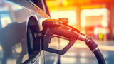 Fototapeta  - Close-up of a car being refueled at a gas station. Fuel pump at the station. Concept of transport, movement.