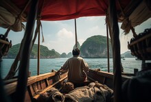 The Person Sitting On A Boat Is Under The Sail, Traditional Craftsmanship, Selective Focus, Coastal Scenery, Hanging Scroll, Frontal Perspective, Passage