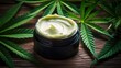 face hemp cream with green leaves at sunlight. CBD store poster, social media content.