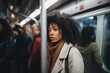 young beautiful afro american woman in the subway car, lifestyle people concept