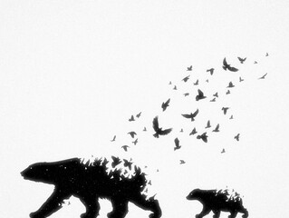 Poster - bear mom and child. endangered animal silhouette. death, afterlife