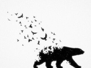 Poster - Polar bear, flying birds. Endangered animal. Black white silhouette