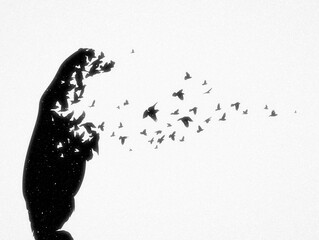 Poster - Polar bear silhouette. Endangered animal, birds fly. Wildlife protect