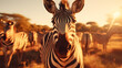 Zebras herd on African savanna in sunlight. Wild nature of Africa. Zebra stand facing camera