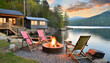 lakeside serenity adirondack chairs and fire pit with modern cabins by the lake