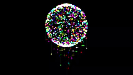 Wall Mural - Spinning 3d sphere with colorful glitter sparkles and falling stars on plain black background