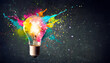 creative light bulb explodes with colorful paint and splashes on a dark background think differently creative idea concept