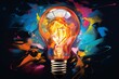 Vibrant paint splatters with a bursting light bulb depict creative and unconventional thinking. Generative AI