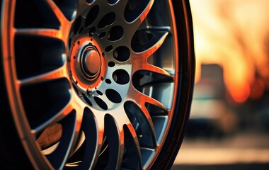 Wall Mural - A close up of a car wheel with a sunset in the background, AI