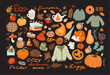Autumn set with hand drawn elements. Calligraphy, fall leaves, animals and other.