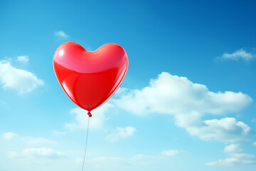  Red heart shaped balloon flying in blue sky. love romantic concept.