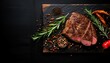 Grilled beef steak with spices on dark black wooden board background , fried raw meat grill dark beef chop food background steak red, Grilled beef steak on a dark background. generative ai
