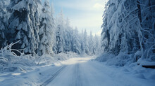 A Snow-covered Highway Leading Through A Snow-covered Forest