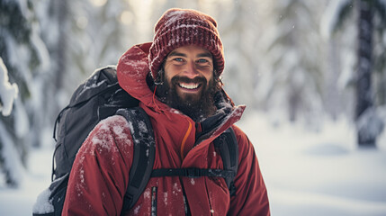 Poster - A man hiking with a backpack in winter