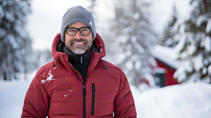 Poster - A man wearing a red jacket and glasses stands outside. There is white snow in the background.