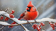 A red bird sits on a branch with snow