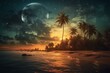 Stunning retro artwork of a tropical night beach with a starry sky and full moon in vintage tones. Generative AI