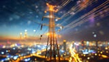 Fototapeta  - high voltage tower and power lines with abstract defocused city lights at night transmission of electricity for urban life