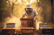 Organic honey collection by a beekeeper in protective costume