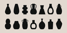 Ancient Pottery Set. Ceramic Vase Pot Jar Black Silhouettes Various Shapes, Hand Drawn Isolated Icons. Vector Illustration