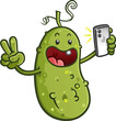 Cute childish pickle  baby influencer cartoon character posting to take a selfie with a smart phone camera for their social media followers vector clip art