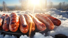 Grilled Hot Sausages, Outdoors In Winter.