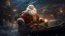 Santa Claus In Small Boat Going To Deliver Gifts To Kids