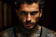 Confident man with muscular body tattooed on black background ai gnerated image