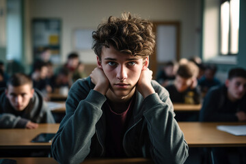 Wall Mural - Generated by AI photography of a depressed school boy sitting alone at the desk listening to lessons suffering from discrimination in college