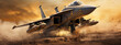 Combat military fighter rapidly takes off at high speed for tracking and hitting a target.
