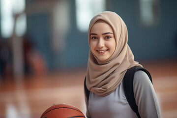 Wall Mural - Portrait of a smiling young woman with a hijab, ready to play some basketball