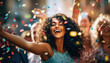 women with curly hair dancing in confetti at a party