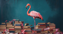 Flamingo And Books On A Blue Background. 3d Rendering. Pink Flamingo And Books On A Dark Blue Background, Vintage Style. Zoo Character