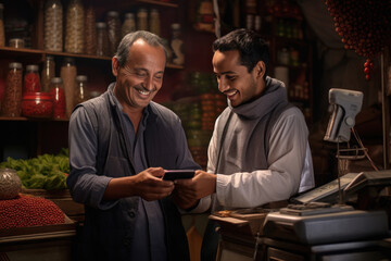 Moroccan grocer with costumer at shop