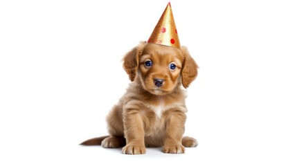 Wall Mural - dog celebrate his birthday with birthday hat and cake