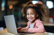 Happy little schoolgirl student watch online video lesson on computer laptop, schooler girl have online web class using laptop, study online on computer, homeschooling concept