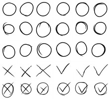Hand Drawn Set Highlight Circles And Check Mark Icons. Vector Illustration