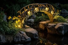 A Bridge Sculpture With Flowers And Rocks Illuminated By A Nearby Lamp. Generative AI
