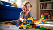 © AspctStyle - Cute little boy playing with colorful wooden block toys on floor at home