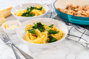 Wall Mural - Garlic Shrimp Pasta with Spinach